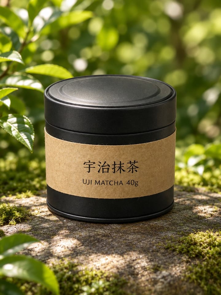 宇治抹茶の缶:机の上で撮った写真 → 緑あふれるシーンのメイン画像
