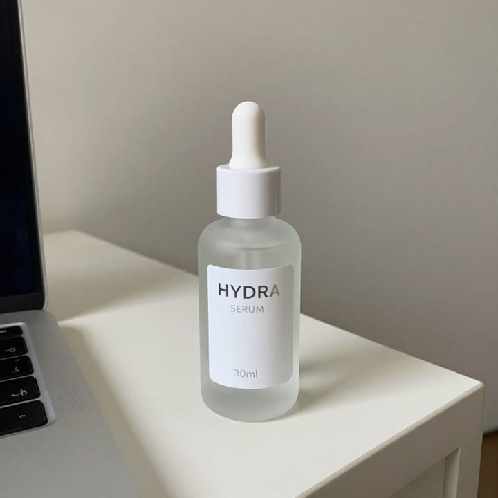 Original: a quick phone snapshot of a serum bottle on the corner of a desk next to a laptop