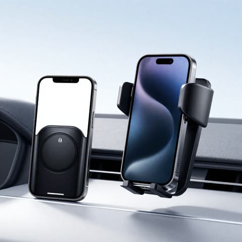 Auto accessories: black magnetic phone mount on a car air vent