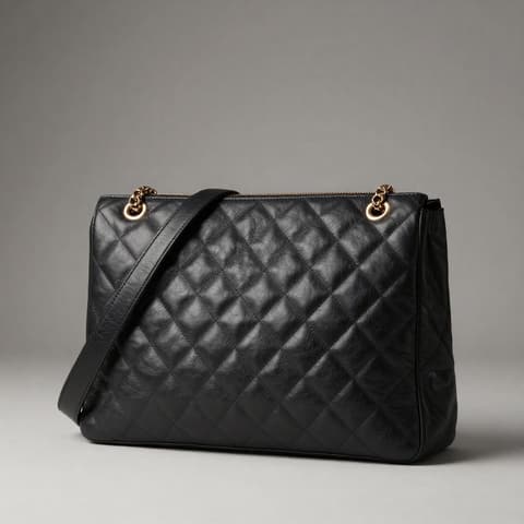 Luxury bags: black quilted leather chain shoulder bag on a gray background