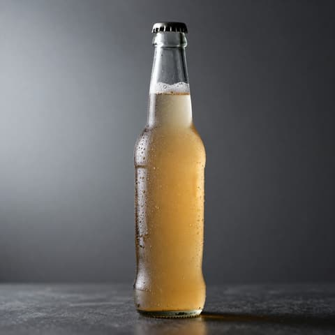 Beverages: chilled drink in a glass bottle with condensation droplets on a dark gray background