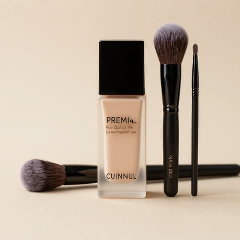 Cosmetics: foundation bottle and black makeup brush on a beige background