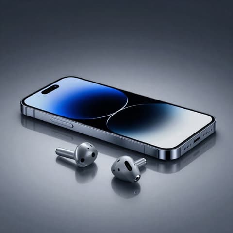 Consumer electronics: smartphone and silver wireless earbuds on a dark gray surface