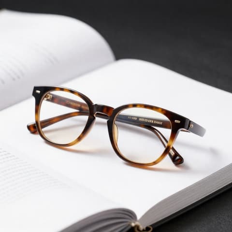 Eyewear: tortoiseshell vintage round-frame glasses resting on an open book