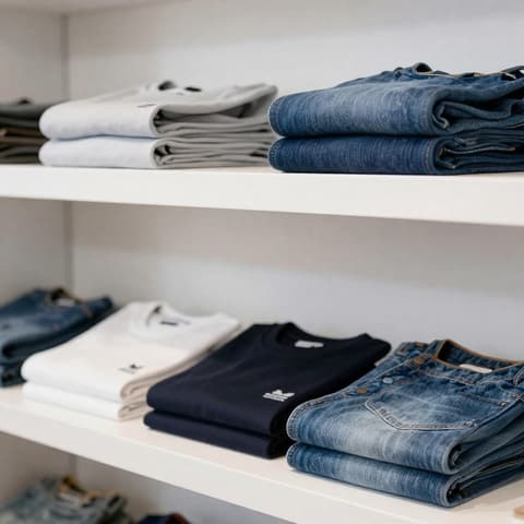 Apparel: neatly stacked jeans and plain T-shirts on a white shelf