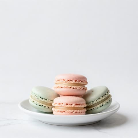 Food & baking: stacked pink and mint green macarons on a white porcelain plate