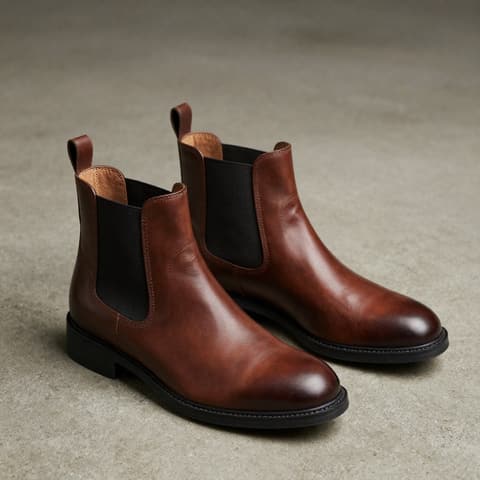 Footwear: brown leather Chelsea boots on a concrete floor