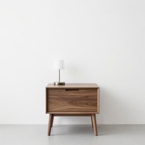 Furniture: walnut-colored nightstand and small table lamp against a white wall