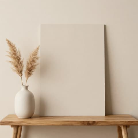 Home furnishings: blank picture frame and a white vase with dried reeds on a solid wood bench