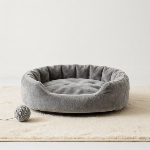 Pet supplies: round gray plush pet bed on an off-white rug