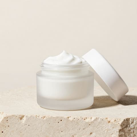 Skincare: open frosted glass face cream jar on beige stone blocks