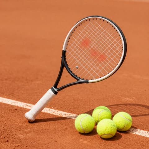 Sports gear: tennis racket and neon yellow tennis balls on a red clay court