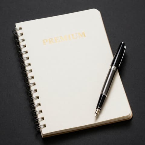 Stationery: gold-foil spiral notebook and fountain pen on a black desktop