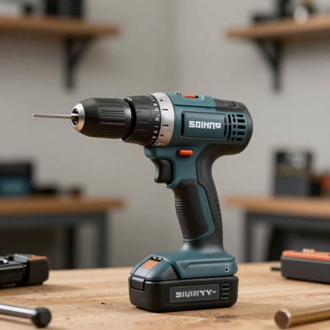 Hardware & tools: dark green cordless drill on a workbench