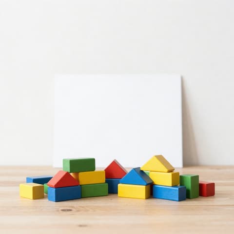 Toys: colorful wooden blocks scattered on a wooden table