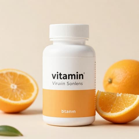 Health & wellness: white vitamin supplement bottle surrounded by sliced oranges