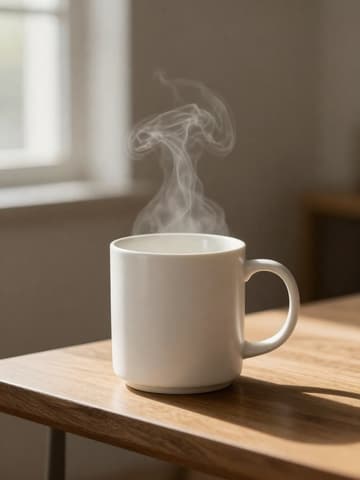 Steaming white ceramic mug on a wooden table in morning window light