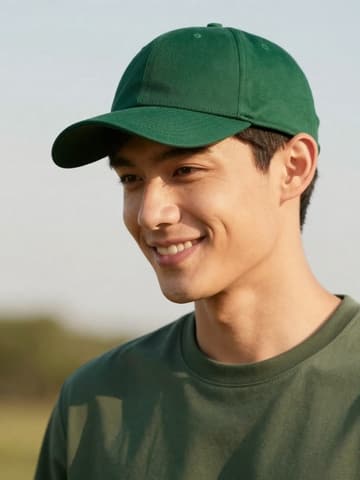 Male model in a dark green baseball cap smiling outdoors on grass in warm sunlight