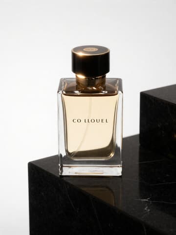 Square glass perfume bottle with a gold cap on a black marble counter