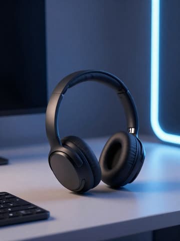 Black over-ear noise-cancelling headphones on a computer desk with blue ambient lighting