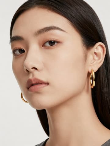 Close-up profile of a female model wearing chunky gold hoop earrings