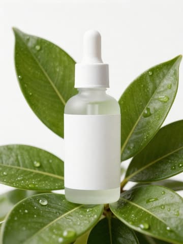 Frosted glass dropper serum bottle surrounded by green leaves and water droplets