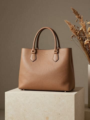 Camel leather tote bag on a beige stone block with a bunch of dried flowers beside it