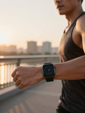 Runner wearing a black smartwatch on the wrist, city riverside at sunset