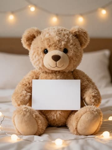 Light brown teddy bear holding a blank card on a bed, warm yellow string lights