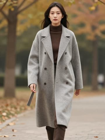 Female model in a gray double-breasted wool coat walking along a path of autumn leaves