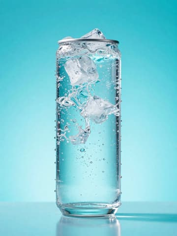 Clear can filled with ice and sparkling water against a lake-blue background