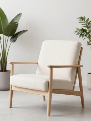 Off-white fabric armchair with a solid wood frame and a green plant beside it