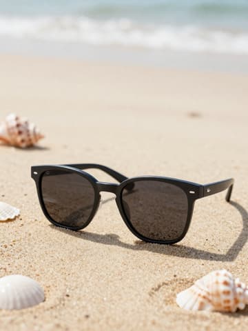 Black-framed sunglasses on a beach with shells and waves in the background