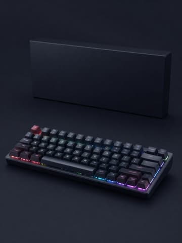Black RGB backlit mechanical keyboard with its packaging box on a dark background