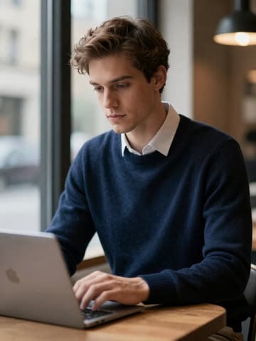 Male model in a navy sweater over a white shirt using a laptop in a café