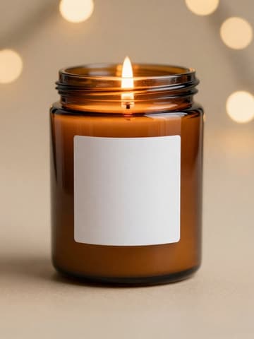 Lit scented candle in an amber glass jar with a blank label and warm bokeh