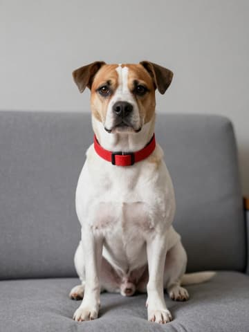White and brown dog with a red collar sitting upright on a gray sofa