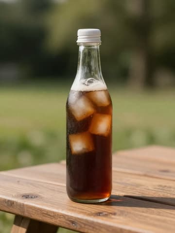 Glass bottle of iced cold brew coffee on an outdoor wooden table, blurred green lawn
