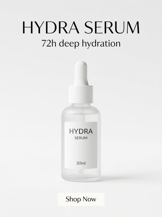 Commercial Ad result: frosted serum bottle on a white background with an English headline and a buy button
