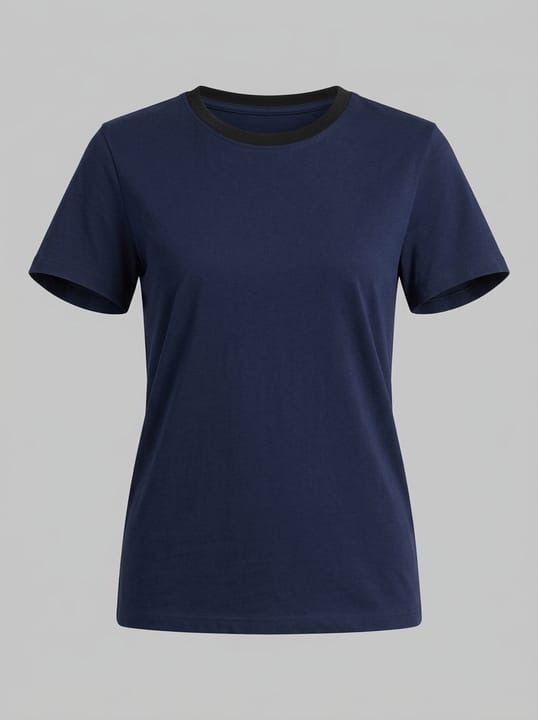 Ghost Mannequin result: 3D display of a navy short-sleeve T-shirt with a black collar trim