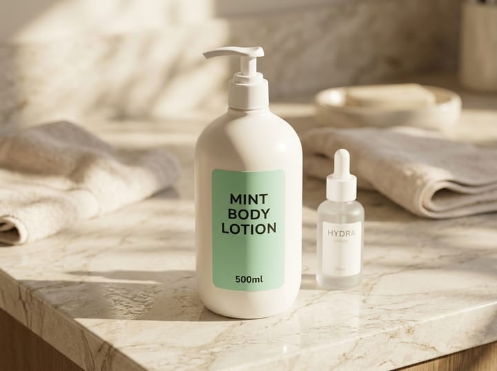 Group Shot result: mint body lotion and serum bottle on a marble counter
