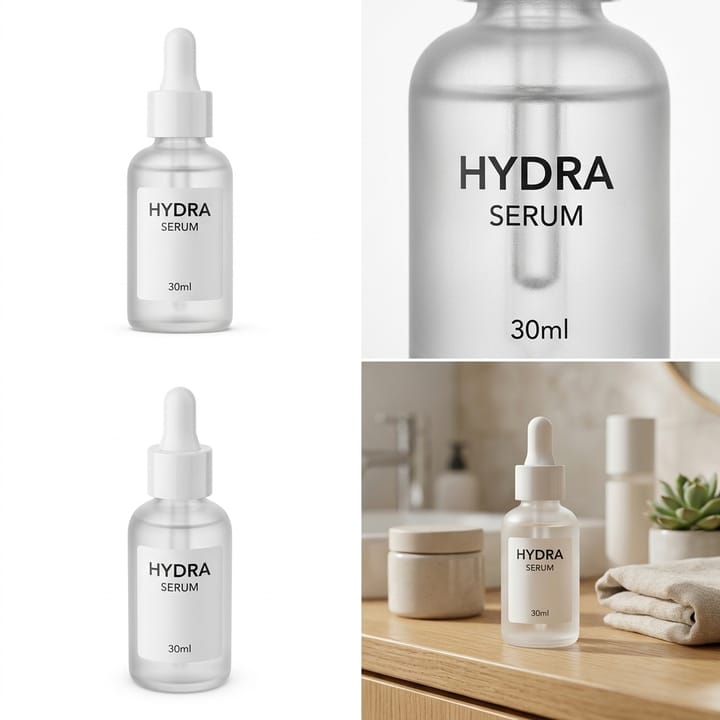 Template reuse result: four-panel grid of the same serum bottle on white, in close-up and in a bathroom scene