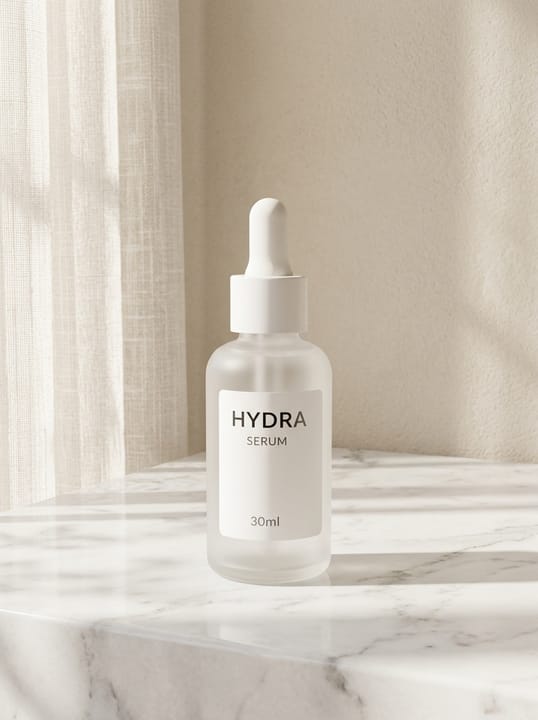 Vibe Match result: serum bottle on a marble counter in sheer-curtain window light