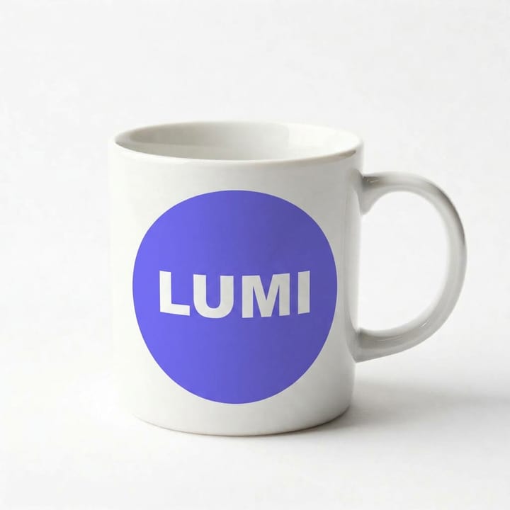 Logo placement result: white mug printed with a purple round logo