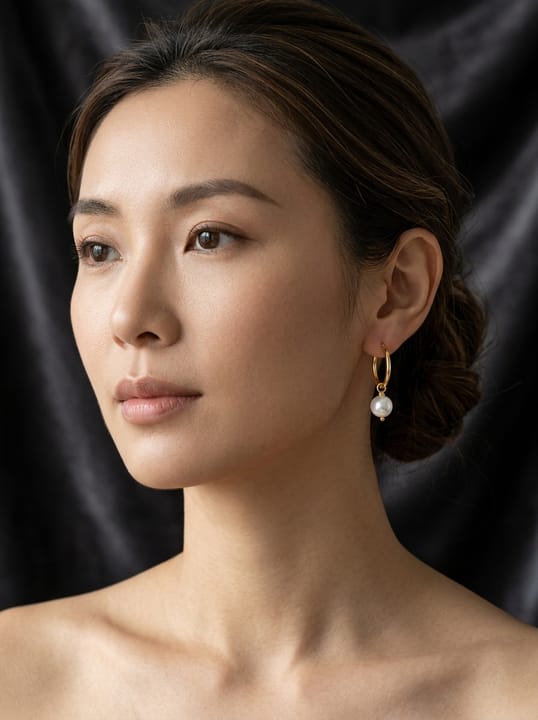 AI Model result: female model with an updo wearing gold hoop pearl earrings, black velvet background