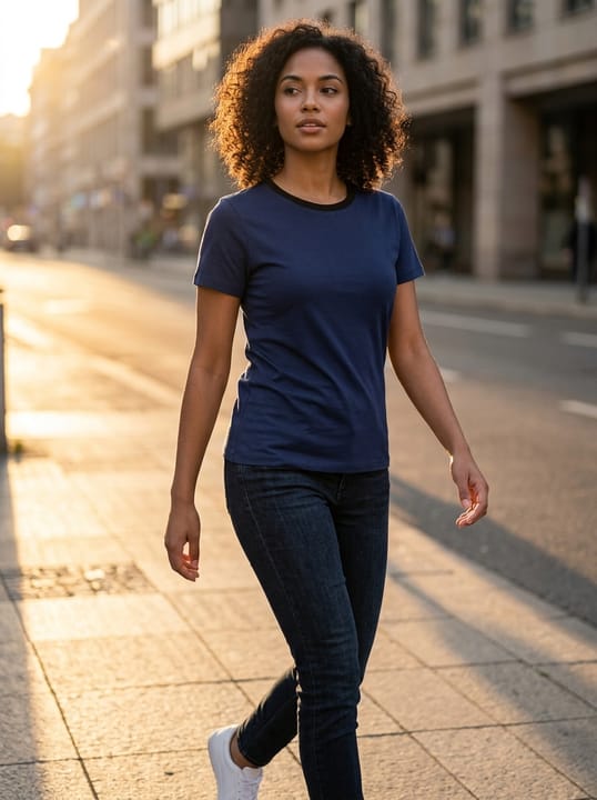 Navy T-shirt: phone snapshot → AI model street shot