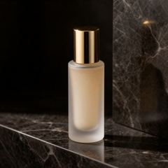 Luxury style: gold-capped foundation bottle on black marble